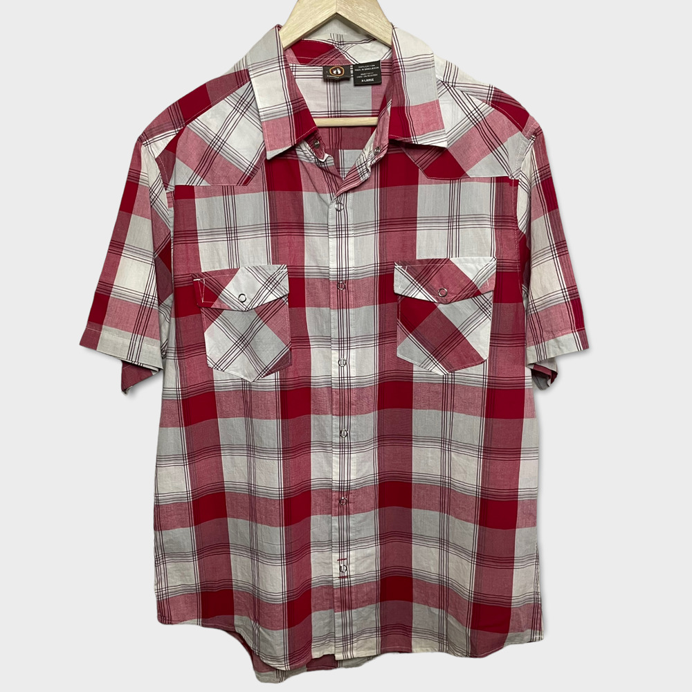 Hang Ten Mens Red White Plaid Collared Short Sleeve Shirt Size XL